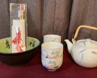 Japanese Tea Set, Bowl And Chop Sticks