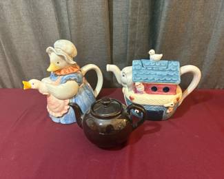 Three Teapots Goose, Noahs Ark, And Small Black One