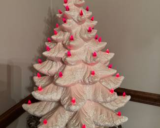 Vintage 24” Atlantic Mold Pink Christmas Tree with red lights 