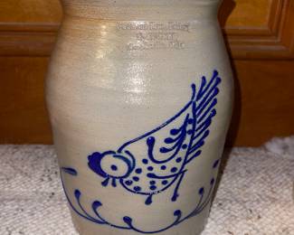  Stoneware  jar from Beaumont Pottery in York, Maine. It features a blue bird design and the maker's mark, "Beaumont Pottery, York, Maine"
