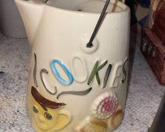 vintage American Bisque cookie jar from the 1950s, shaped like a coffee pot or tea kettle