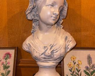 French Plaster Composition Bust, Mädchenbüste, Signed Paris, Peasant Girl