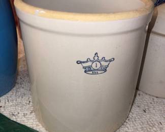 Robinson Ransbottom Blue Crown Crock, a 1-gallon size, as indicated by the "1" on the crown