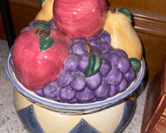 The item is a Karen Comerford Certified International Corporation (CIC) Fruit Bowl Cookie Jar