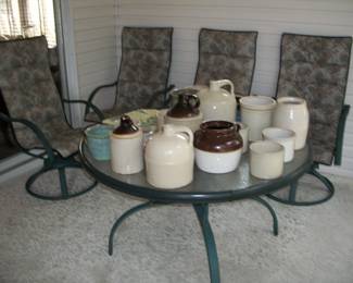 5pcs. Vintage Homecrest Patio Table with 4 Sling Chairs ; Collection of Stoneware Crocks & Jugs.