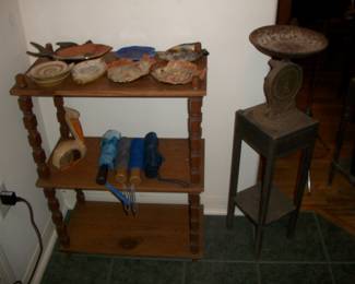 Small Wood Side Table(s), Fish Pottery Plates.