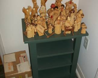 Green Wood Shelf /Side Table ; Collection of Corn Husk People.