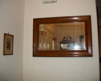 Vintage Beveled Edge Wood Framed Wall Mirror.