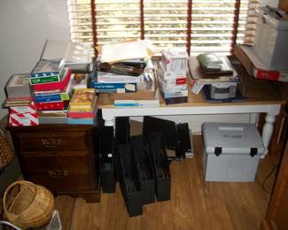 Wood 2 Drawer File Cabinet ; White Bench Seat ; Office supplies.