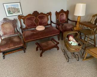 Antique Sette, chairs, foot stool, vintage high chair.