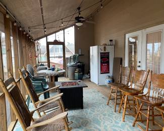 set of bar stools, round table, old refrigerator (PAIR OF ROCKERS AND FIRE PIT NOT IN SALE)
