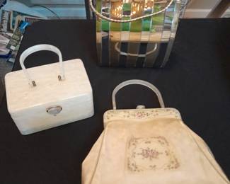1950's white t LUCITE purse, LUCITE handle purse and vintage. GOLDSTROM metal stripes purse