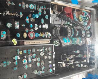 Awesome  silver and turquoise rings, bangles and cuffs.  Plus an awesome Ketoh (bow guard).
