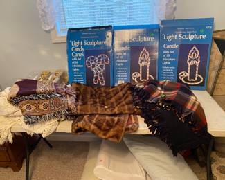Linens, small throw blankets and Christmas items