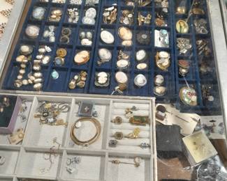 Cameo pins, pendants and bracelets.  Some gold jewelry, stick pins, child GF bangles