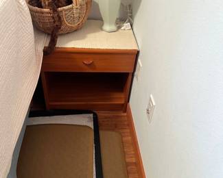 Nightstand, basket, table lamp