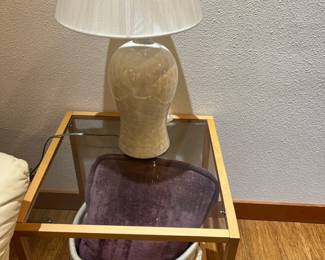 Glass top side table; table lamp