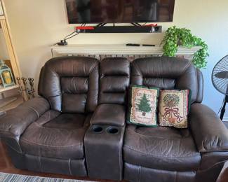 Brown leather love seat for two 