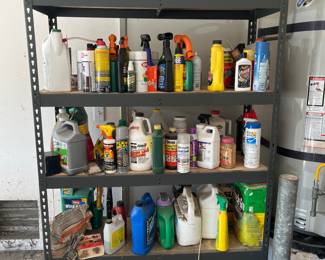 Cleaning and gardening supplies! The metal rack is also for sale. 