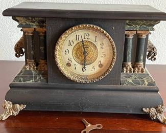 30 LeatherMantleClockwithPaintedMarbleandBronzeAccents   