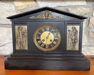 48 AntiqueFrenchBlackMarbleandBronzeMantleClock   
