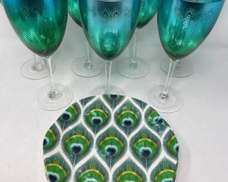 100 12PcPeacockInspiredStemwareandPlates   