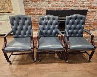 231 3RollingOxfordBlueLeatherButtonTuftedArmChairs