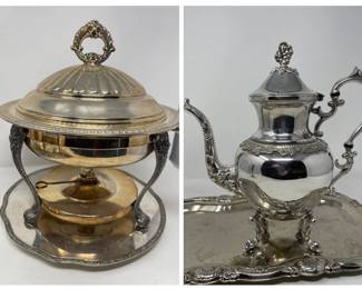 87 SilverCoffeePotBuffetServerTrayCakePlateandVase   