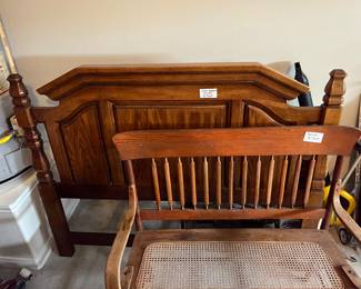 Heavy oak queen headboard & antique bench