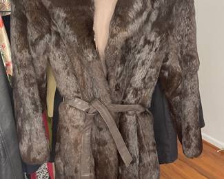 Rabbit fur mid length belted coat 