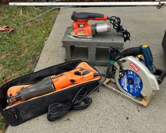 Ridgid Fuego 10 Amp Orbital Reciprocating Saw, Black & Decker Electric Power Sander, Ryobi circular saw