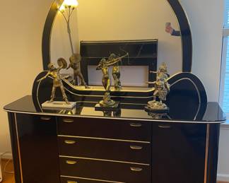 Vintage art deco black lacquer & gold dresser with mirror 