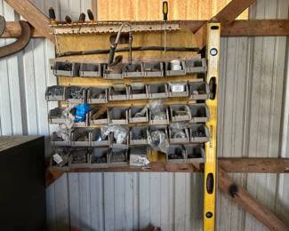 LOT OF HARDWARE ORGANIZERS WITH HARDWARE AND LEVEL