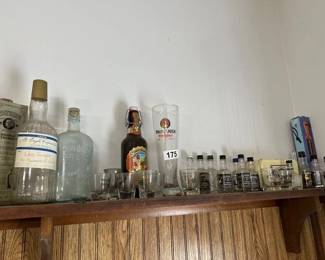 LOT OF SMALL JACK DANIELS BOTTLES, SHOT GLASSES AND OTHER BOTTLES