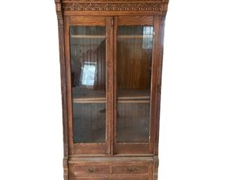 Victorian-era display cabinet with glass doors. The base is scratched, but the bones of this piece are gorgeous! Available for pre-sale starting Wed/Feb 19. Call or text 931-996-2642 for pricing and details on or after the 19th.
