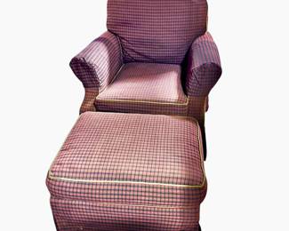 Lovely, comfy stuffed armchair with ottoman. Better photo of fabric in next photo. Available for pre-sale starting Wed/Feb 19. Call or text 931-996-2642 for pricing and details on or after the 19th.