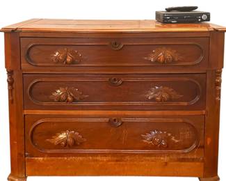 Victorian -era three-drawer chest with carved walnut details. Available for pre-sale starting Wed/Feb 19. Call or text 931-996-2642 for pricing and details on or after the 19th.
