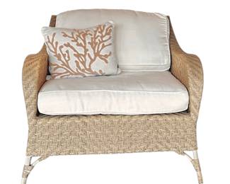 Woven outdoor chair with cushions. Available for pre-sale starting Wed/Feb 19. Call or text 931-996-2642 for pricing and details on or after the 19th.