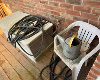 Outdoor Storage Bench, Watering Can, Hoses, Outdoor Chair