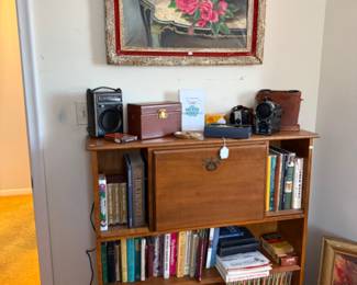 Bookshelf, Books, Framed Painting, Zenith Royal 50 Transistor, Zenith Royal 50 Transistor, Vintage cameras