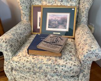 Foral Wingback Chair, Framed Art, Books