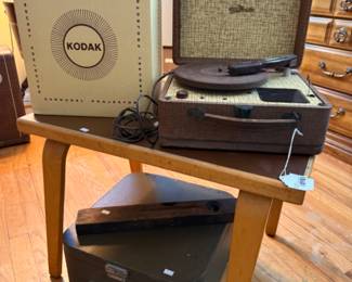 Vintage Traveler Record Player, Wooden Side Table