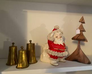 Attic finds...Vintage brass bells,,Santa vase..hand carved tree from a dogwood limb downed in Hurricane Michael