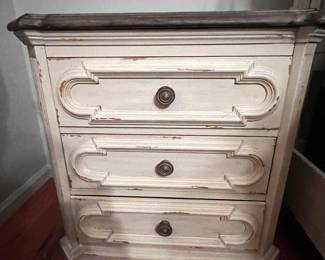 All wood Lindenwood. Set includes queen footboard and headboard with box springs, mattress (no use shown), dresser with mirror, chest of drawers, 1 nightstand. 