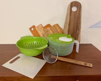 colanders, salad spinner, cutting boards