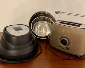 Instant Pot air fryer lid, set of metal bowls (largest not pictured), toaster with warming rack
