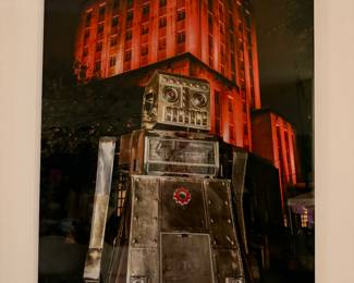 Original artwork by Emily Jaschke - Auto Disco Dance Bot from Houston Art Car Parade in front of City Hall. 20 x 30 inches on metal