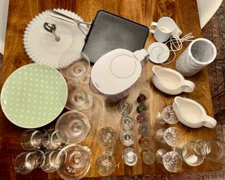 Cake plate, serving platter, griddle, Brita, Ember Bluetooth heated mug, Crate + Barrel stone wine chiller, gravy boats, crystal glassware, complete sets of artistic cordial glasses, scotch snifters, margarita glasses, rocks glasses 