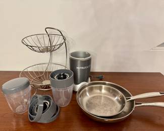 Fruit/produce basket, Nutribullet blender, Tramontina stainless steel pans (2)