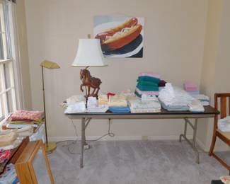 Linens And Vintage Figural Lamp